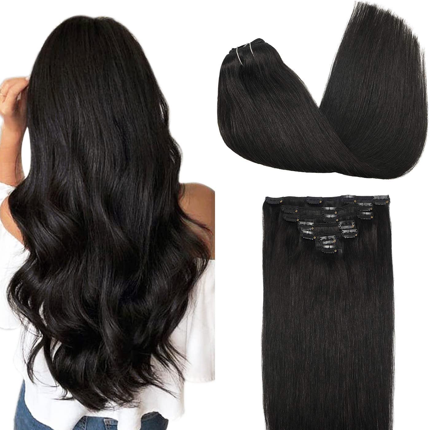 Clip in Hair Extensions Real Human Hair, 20inch 120g 7Pcs, 1B Natural black, Remy Human Hair Extensions Clip ins for Women